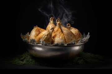 Metal Silver Dish with Well-Cooked Chicken with Cooking Foil Underneath on Black Background