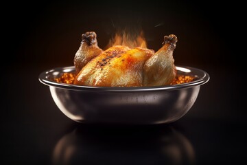Metal Silver Dish with Well-Cooked Hot Chicken with Flames on Black Background