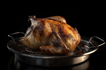 Metal Dish with Well-Cooked Chicken on Black Background 