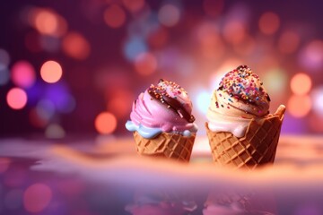 Two Appetizing Ice Creams in Cones with Colorful Candy Particles on a Patterned Sweet Bokeh Light Background 