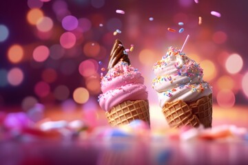 Two Appetizing Ice Creams in Cones with Colorful Candy Particles on a Patterned Sweet Bokeh Light Background 