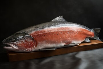 Salmon Fish on a Wooden Cooking Board on a Dark Background