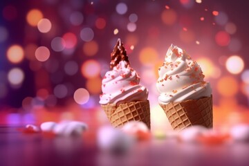 Two Appetizing Ice Creams in Cones with Colorful Candy Particles on a Patterned Sweet Bokeh Light Background