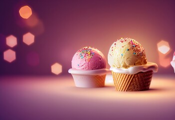 Two Mouth-Watering Mini Ice Creams with Colorful Candy Particles on a Patterned Sweet Background