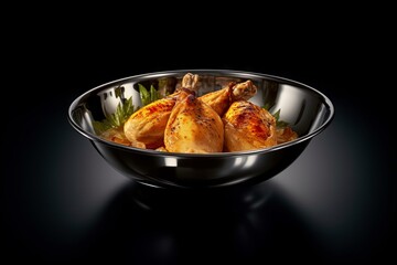 Appetizing Roasted Chicken Legs with Herbs in a Metal Bowl on a Dark Background