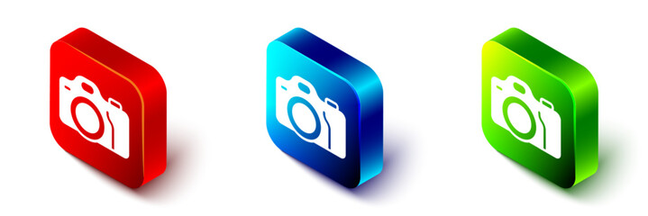Isometric Photo camera icon isolated on white background. Foto camera. Digital photography. Red, blue and green square button. Vector