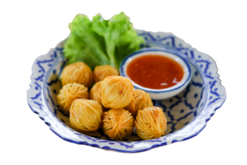 Moo Sarong Thai appetizer or Deep Fried Wrapped Pork with Chinese Noodle Serve with sweet red chilli sauce. Thai cuisine snacks menu in the palace.