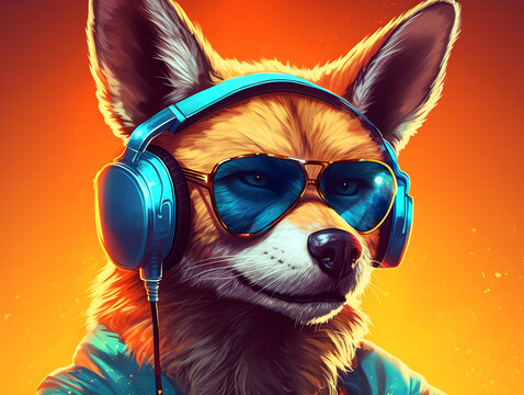 Music dj coyote with sunglasses and headphones - Generative AI