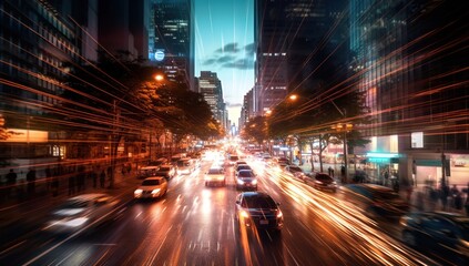 Urban energy in motion, nighttime traffic time-lapse with artistic blurry effect, generative ai, background
