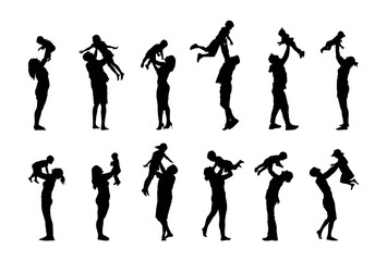 People holding and lifting babies child kids set black silhouette collection.
