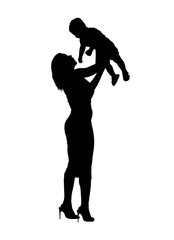 Silhouette of young mother lifting her little son up in the air.