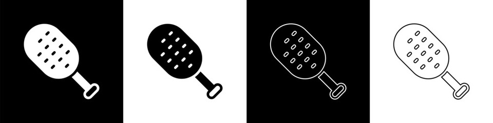 Set Sauna brush icon isolated on black and white background. Wooden brush with coarse bristles for washing in the bath. Anti cellulite massage. Vector