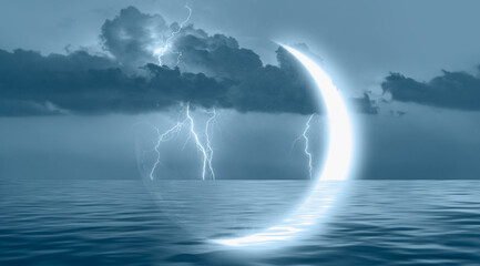 Abstract dark blue background with crescent in the sea with lightning at night