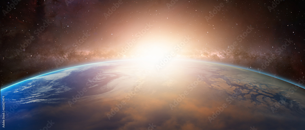 Aufkleber Planet Earth with amazing sunset in front of the Milky Way galaxy 