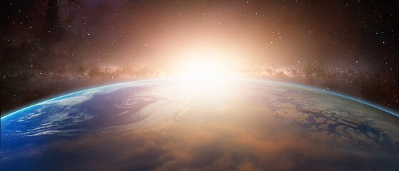 Planet Earth with amazing sunset in front of the Milky Way galaxy "Elements of this image furnished by NASA "