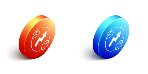 Obraz premium Isometric Electric saving plug in leaf icon isolated on white background. Save energy electricity. Environmental protection. Bio energy. Orange and blue circle button. Vector
