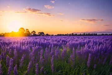 Fototapeta na wymiar Photo of a beautiful purple field at sunset created with Generative AI technology