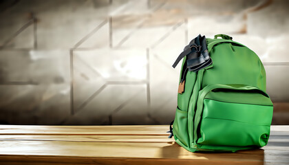 backpack on a green background, Green backpack on wooden desk, background, free space for your decoration, wallpaper, Ai generated 