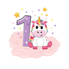 Vector illustration. First birthday party invitation with cute unicorn. Happy birthday 1 year old.