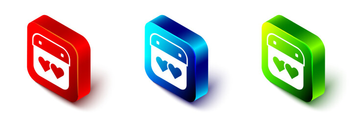 Isometric Calendar with heart icon isolated on white background. Valentines day. Love symbol. February 14. Red, blue and green square button. Vector