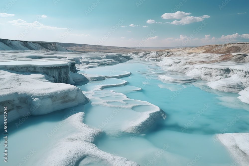Poster a body of water that is encased in snow and ice on both sides generative ai