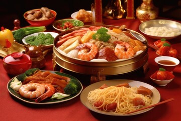 Chinese new year festival table over red background. Traditional lunar new year food. AI Generated