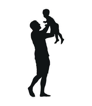 Happy man lifting little boy vector silhouette.