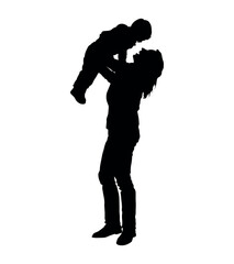 Happy mom lifting her little son up vector silhouette.