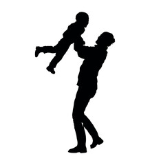 Fototapeta na wymiar Mom lifts her little son up vector silhouette.