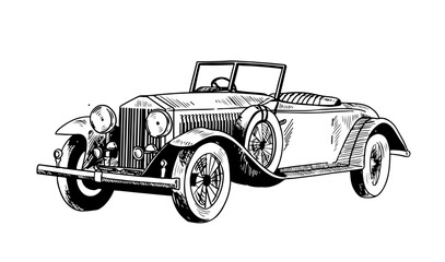 old car Transportation of ink drawing sketch for poster, post card, name card, brochure, t-shirt, logo, branding, collection, art print.