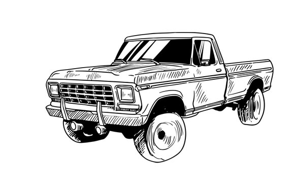 old car Transportation of ink drawing sketch for poster, post card, name card, brochure, t-shirt, logo, branding, collection, art print.