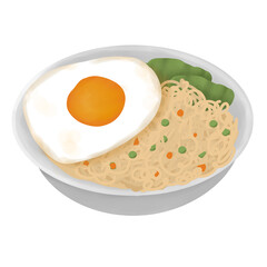 Noodle and fried egg in a bowl