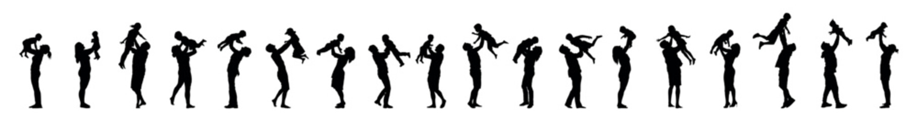 Fototapeta na wymiar Man and woman playful holding lifting baby child and kid vector silhouette set collection.