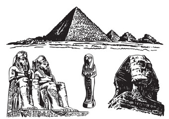 Graphical set of Egypt landmarks isolated on white, vector illustration. 