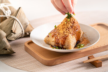 Vegetable zongzi. Vegetarian rice dumpling for Duanwu Dragon Boat Festival food.