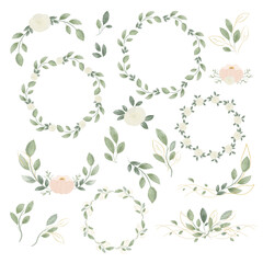 Watercolor green branches leaves, wreaths and flowers, big set. Botanical elements for decorate Wedding card, invitation design. Vector graphic collection isolated on white background.