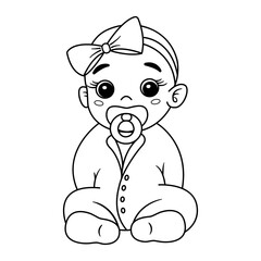 Little Girl for Coloring Page. Vector Illustration of a Cute Cartoon Baby with a Pacifier