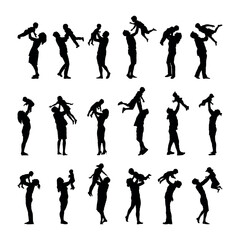 Group of parents playing and lifting up child silhouette set. Fathers and mothers have fun lifting their baby kids up in the air silhouette set collection.