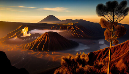 A captivating illustration capturing the majestic beauty of Mount Bromo, an iconic volcanic peak in Indonesia, generative ai