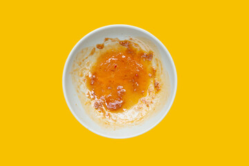 Dirty dish on yellow background. Top view
