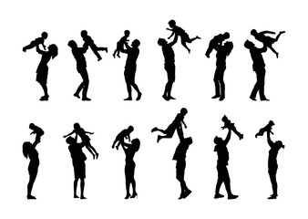 Group of parents playing and lifting up child silhouette set. Father and mother have fun lifting their baby kids up in the air silhouette set collection.