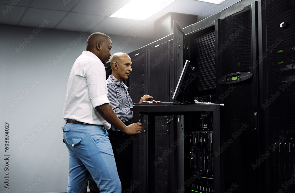 Poster server room, people or technician coding on computer together for a cybersecurity glitch with teamwo