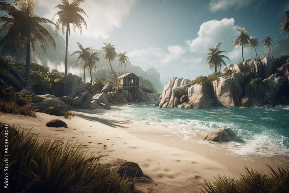 Poster a picture depicting a beach in a tropical setting with palm palms generative ai