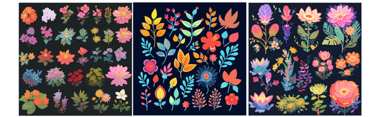 Vector collection, flowers, beautiful collection of romantic flowers with roses, leaves, flower bouquets, flower compositions, pack, mega pack
