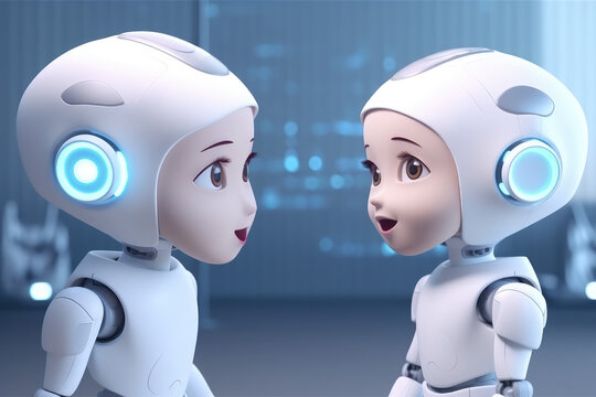 Children talking with robotic ai,chat bot.futuristic technology or machine learning data development concepts, generative AI