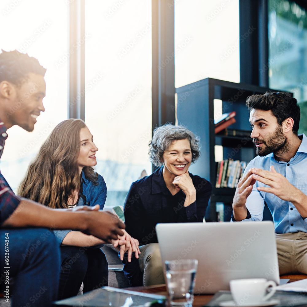 Poster laptop, diversity and designer team planning a strategy for startup company growth in collaboration 