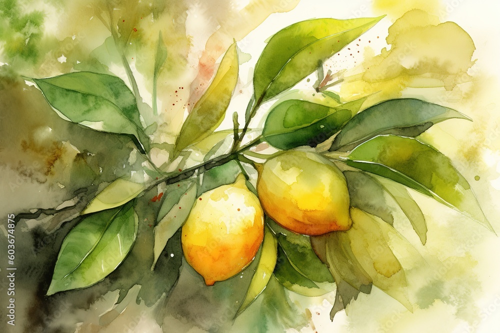 Poster a digital artwork depicting a branch with two lemons attached to it generative ai