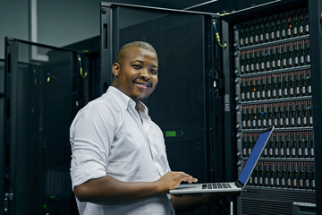 Server room, black man or portrait of technician with laptop for online cyber security glitch or...