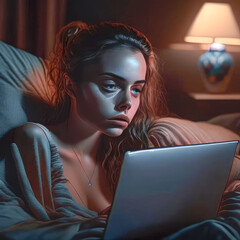 tired girl in the evening light sits on the sofa with a laptop on her lap