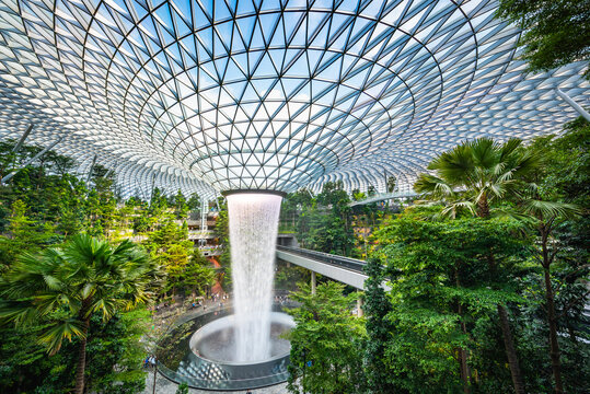 SINGAPORE-AUGUST 18, 2019: Jewel Changi Airport RAIN VORTEX, It's largest indoor waterfall for tourist or travellers attraction stopover destination inside Changi Airport in Singapore.